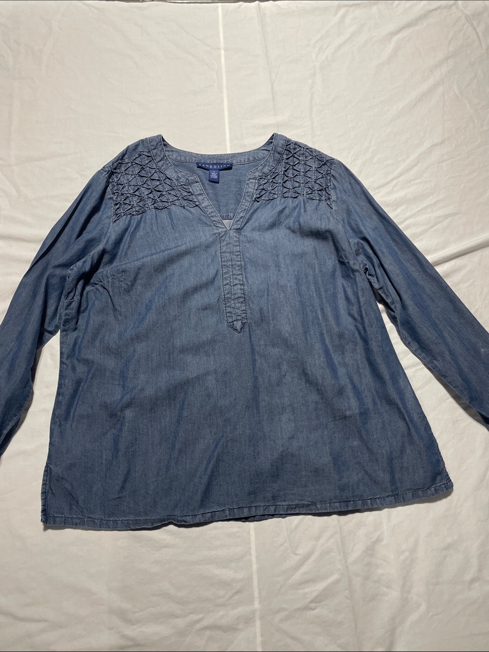 Bandolino Indigo Denim-Style Smocked Yoke Tunic, XL.